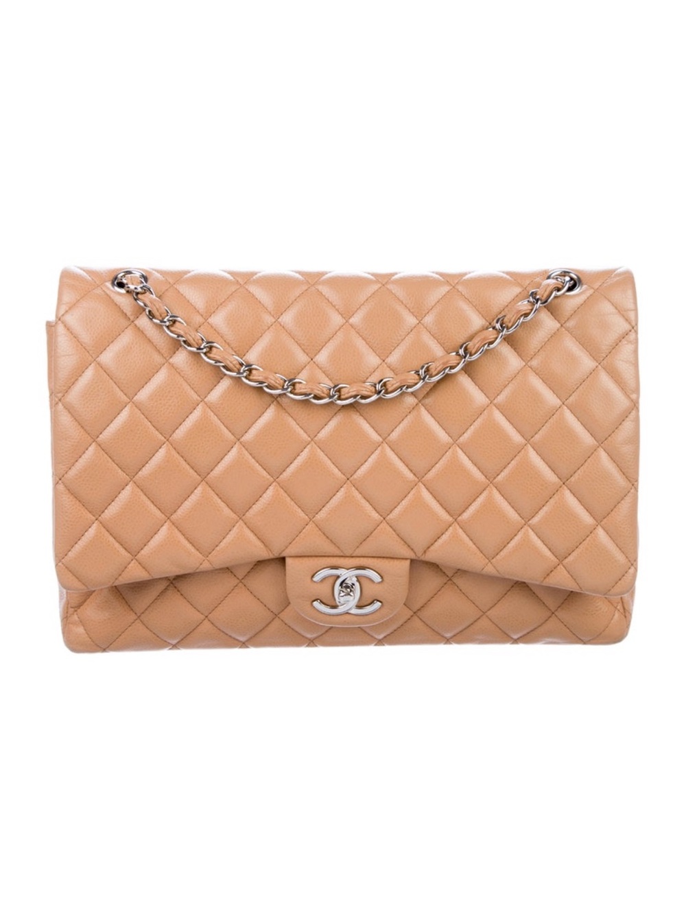 CHANEL Quilted Tan Leather Double Flap Shoulder Bag with Silver Chain